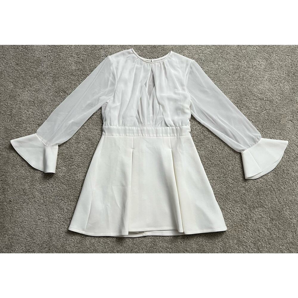 Venus Womens A Line Dress White Keyhole Mini Jewel Neck Long Sleeve Flare US 14